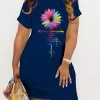 Plus Size Casual Dress, Women's Plus Floral & Letter Print Short Sleeve Round Neck High Stretch Dress