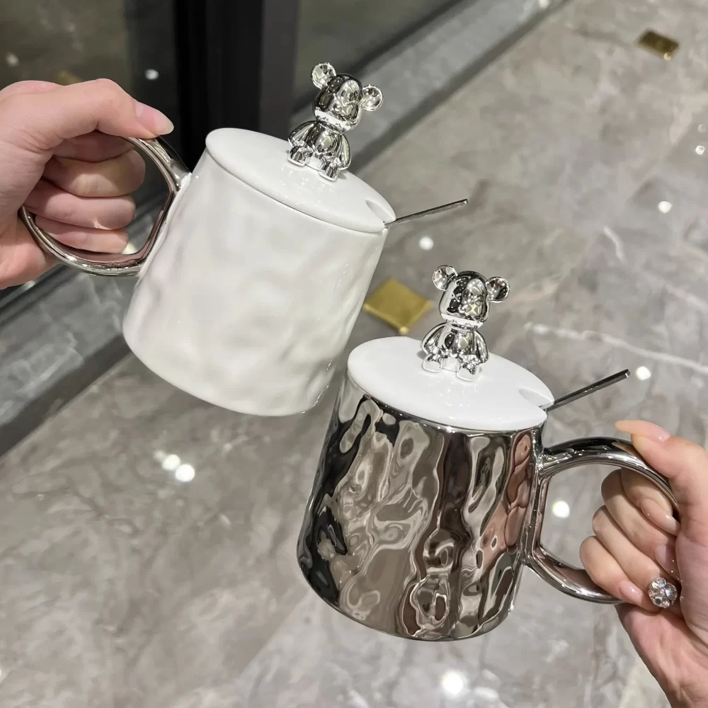 Caneca cerâmica com tampa e colher para homens e mulheres, copo d'água, café de escritório, aveia, luxo, casal, 380ml - Imagem 3
