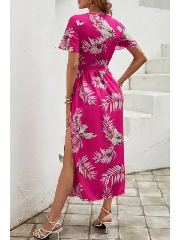Women's 1XL-5XL plus size Short Sleeved Printed Casual Dress Elegant and Fashion V-neck Belt Slit Beach Vacation Style Dress - Image 2