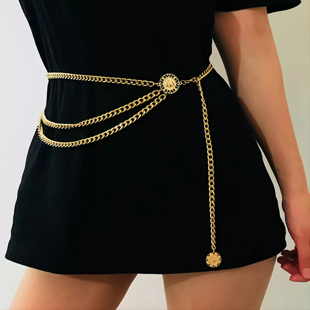 Cintura de metal simples para senhoras, ouro e prata, joias do corpo elegante, corrente de vestido