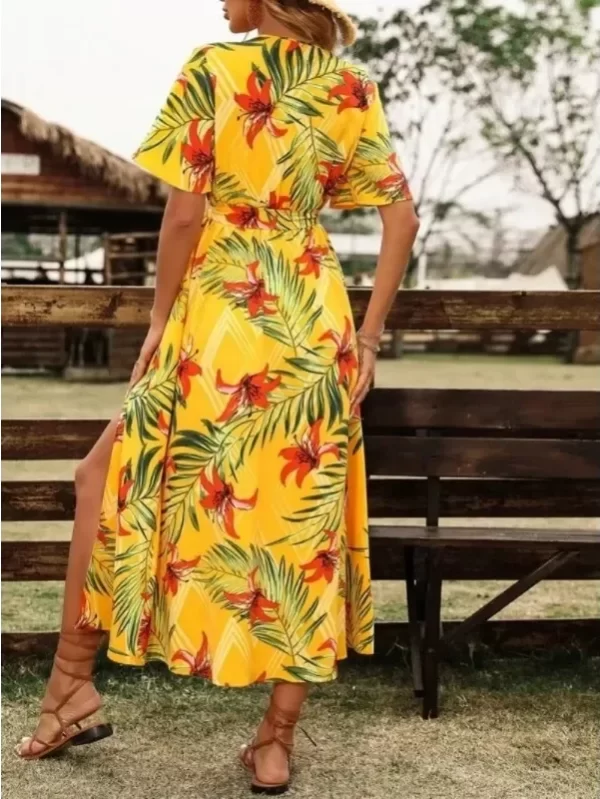 Women's 1XL-5XL plus size Short Sleeved Printed Casual Dress Elegant and Fashion V-neck Belt Slit Beach Vacation Style Dress - Image 4