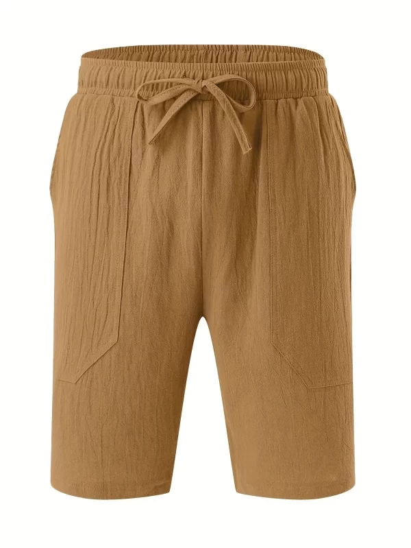 Calção de algodão e linho masculino, elástico na cintura, monocromático, respirável, diário, praia, cinco calças casuais, verão - Image 3