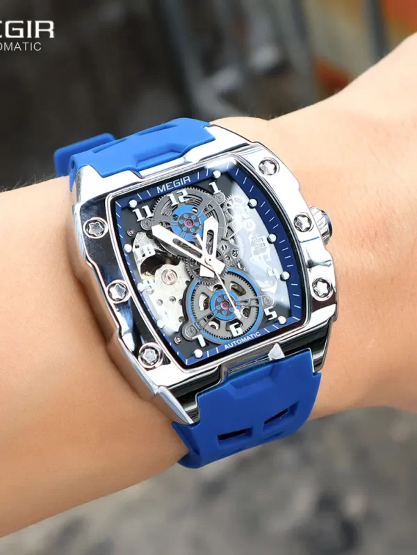 MEGIR Blue Mechanical Watch for Men Tonneau Hollow Dial Sport Waterproof Automatic Wristwatch with Luminous Hands Silicone Strap - Image 3