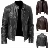 Mens Motorcycle Leather Jacket Slim Fit Short-Coat Lapel PU Jackets Autumn New Zipper Stand Windproof Leather Coat Mens Clothing