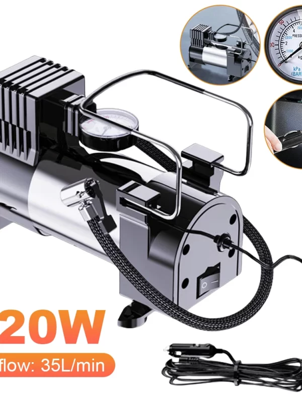 12V Auto Inflatable Pump Cylinder Power System Car Tire Pump with Pressure Gauge Heavy Duty Deluxe Portable Metal Air Compressor