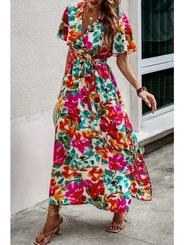 Women's 1XL-5XL plus size Short Sleeved Printed Casual Dress Elegant and Fashion V-neck Belt Slit Beach Vacation Style Dress - Image 5
