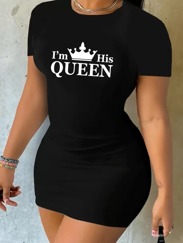 Summer Women's Queen letter print casual slim fit short sleeved round neck T-shirt mini dress