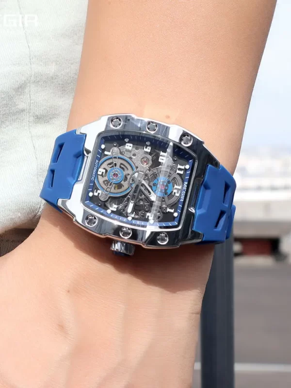 MEGIR Blue Mechanical Watch for Men Tonneau Hollow Dial Sport Waterproof Automatic Wristwatch with Luminous Hands Silicone Strap - Image 4