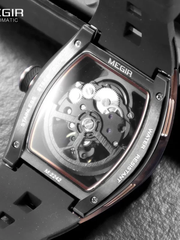 MEGIR 2242 Blue Automatic Watch for Men Sport Waterproof Stainless Steel Mechanical Wristwatch with Silicone Strap Skeleton Dial - Image 4