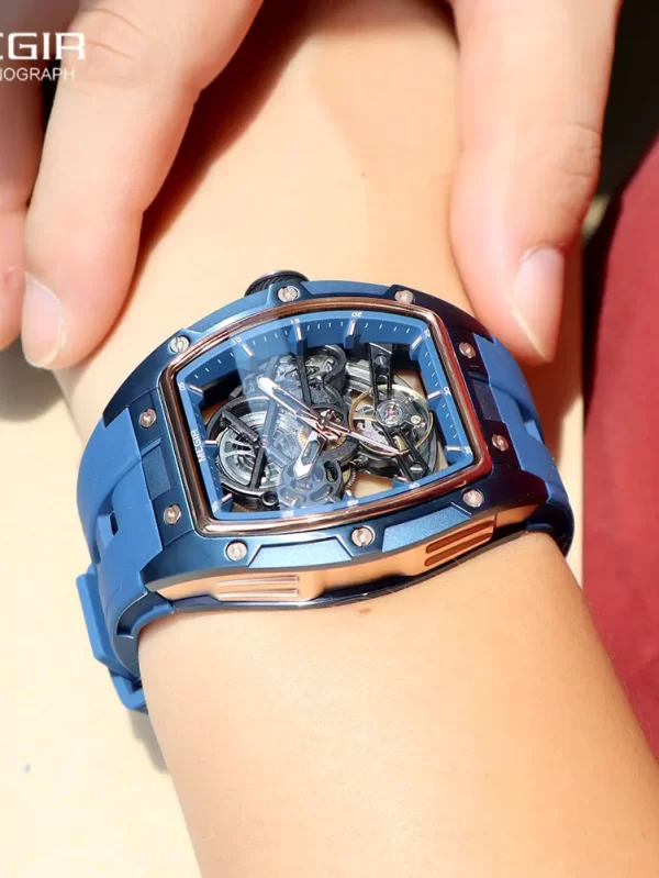 MEGIR 2242 Blue Automatic Watch for Men Sport Waterproof Stainless Steel Mechanical Wristwatch with Silicone Strap Skeleton Dial - Image 2