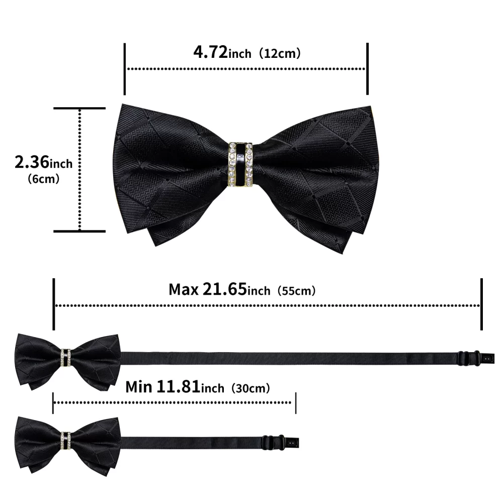 Gravata borboleta preta sólida masculina pré-amarrada com diamante, decoração meio anel, moda conjunto de abotoaduras quadradas de bolso, festa de negócios, laço luxuoso - Image 6