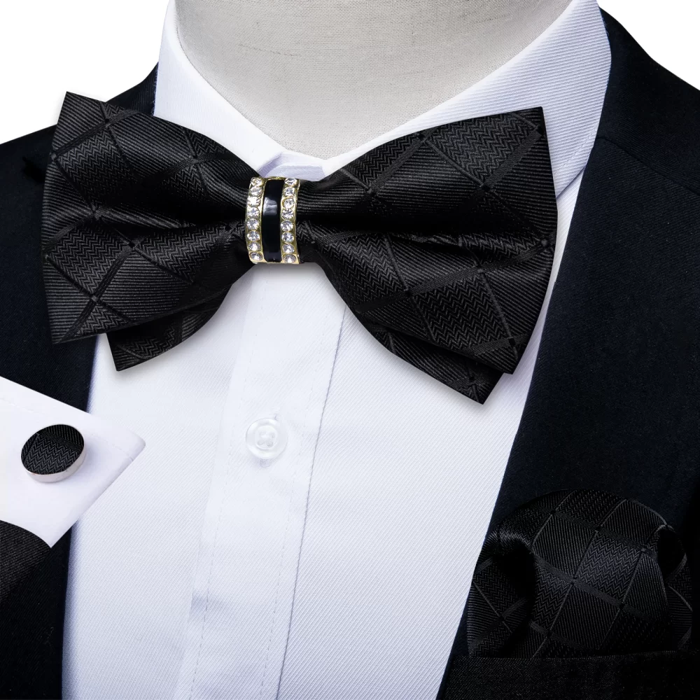 Gravata borboleta preta sólida masculina pré-amarrada com diamante, decoração meio anel, moda conjunto de abotoaduras quadradas de bolso, festa de negócios, laço luxuoso