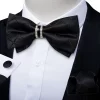 Gravata borboleta preta sólida masculina pré-amarrada com diamante, decoração meio anel, moda conjunto de abotoaduras quadradas de bolso, festa de negócios, laço luxuoso