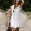 Women's Solid Colour Casual Dress Spring Summer Fashion White Sleeveless Short Dress Lace Embroidery Splicing Round Neck Dress