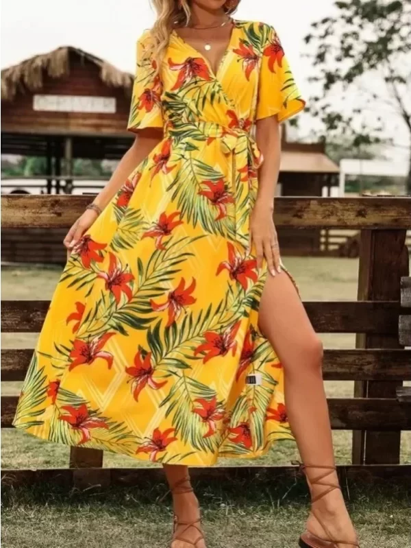Women's 1XL-5XL plus size Short Sleeved Printed Casual Dress Elegant and Fashion V-neck Belt Slit Beach Vacation Style Dress - Image 3