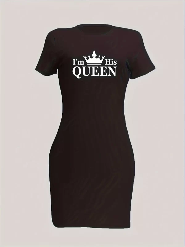Summer Women's Queen letter print casual slim fit short sleeved round neck T-shirt mini dress - Image 2