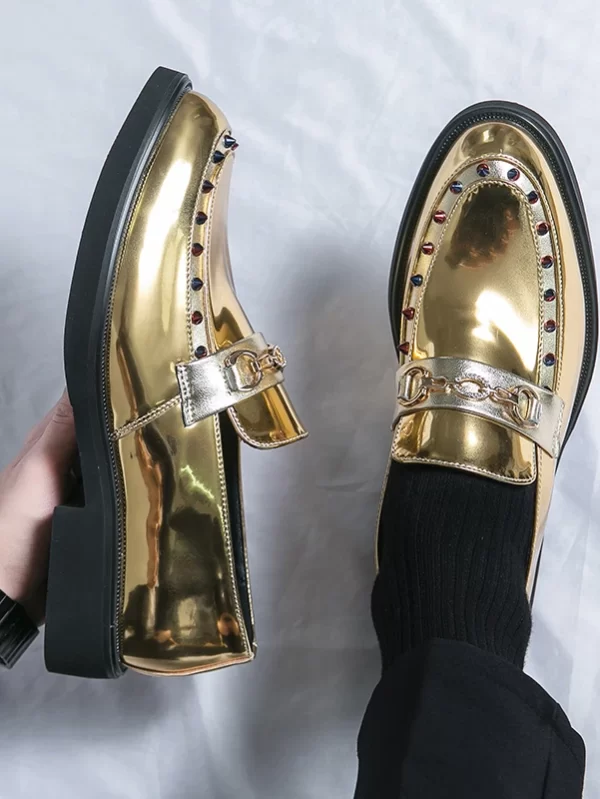 Mocassim de couro preto dourado masculino, sapatos de dança para escorregar, vestido confortável com bar do clube, moda verão, 38-46 - Image 6