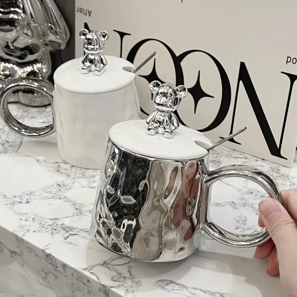 Caneca cerâmica com tampa e colher para homens e mulheres, copo d'água, café de escritório, aveia, luxo, casal, 380ml