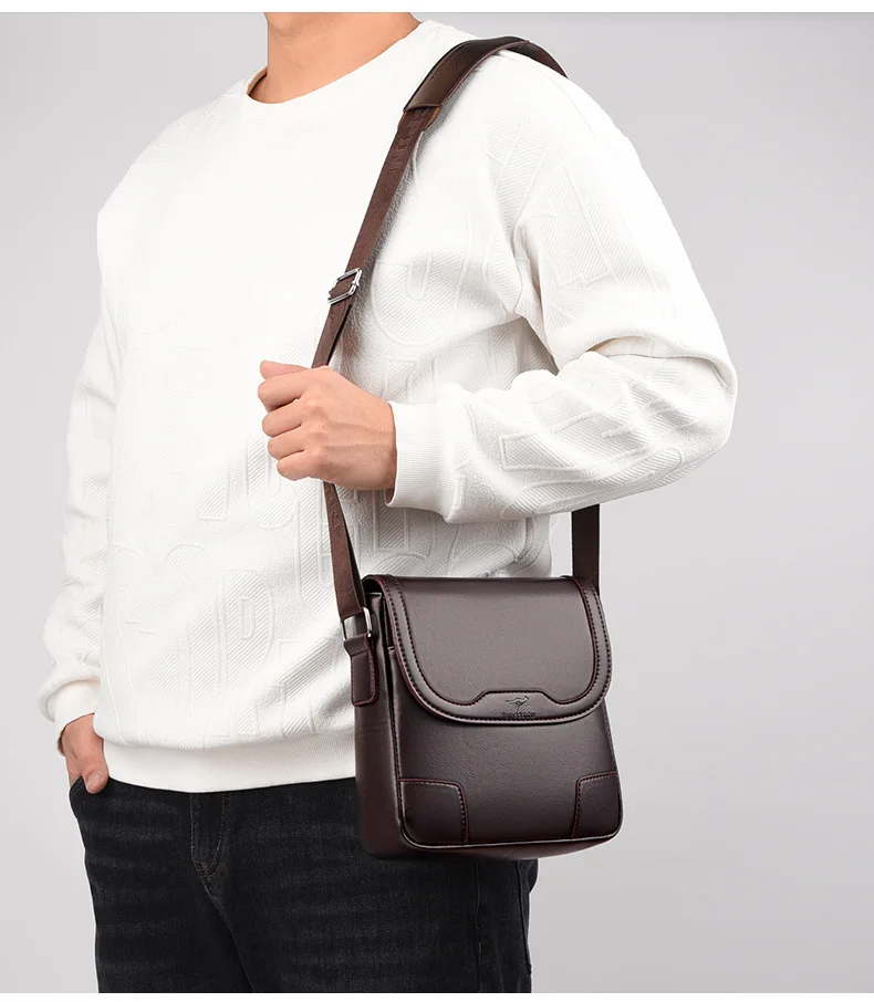 Canguru-bolsa mensageiro vintage para homens, marca de luxo, couro, negócios, marrom, preta, casual, bolsa de ombro masculina, tiracolo, lateral - Imagem 6