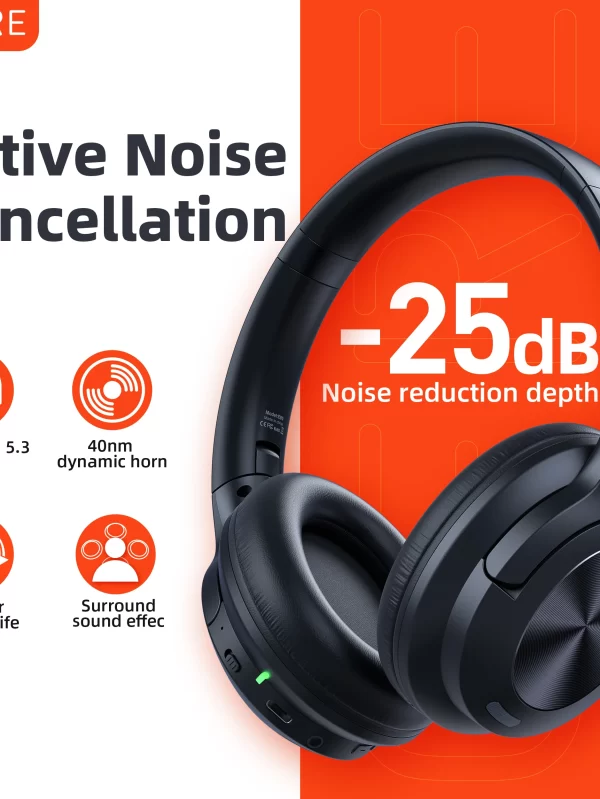 Auscultadores sem fios QERE E80, Bluetooth 5.3, Cancelamento de Ruído ANC, Áudio de Alta Resolução, Over the Ear Headset, 70H, 40mm Driver, 2.4G