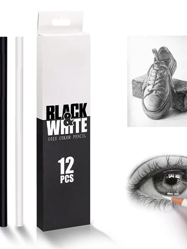 Brutfuner 12Pc White & Black Colored Pencils Professional Oil Color Pencil Drawing Pencil Set Sketch School Student Art Supplies