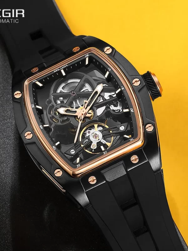 MEGIR 2242 Blue Automatic Watch for Men Sport Waterproof Stainless Steel Mechanical Wristwatch with Silicone Strap Skeleton Dial - Image 3