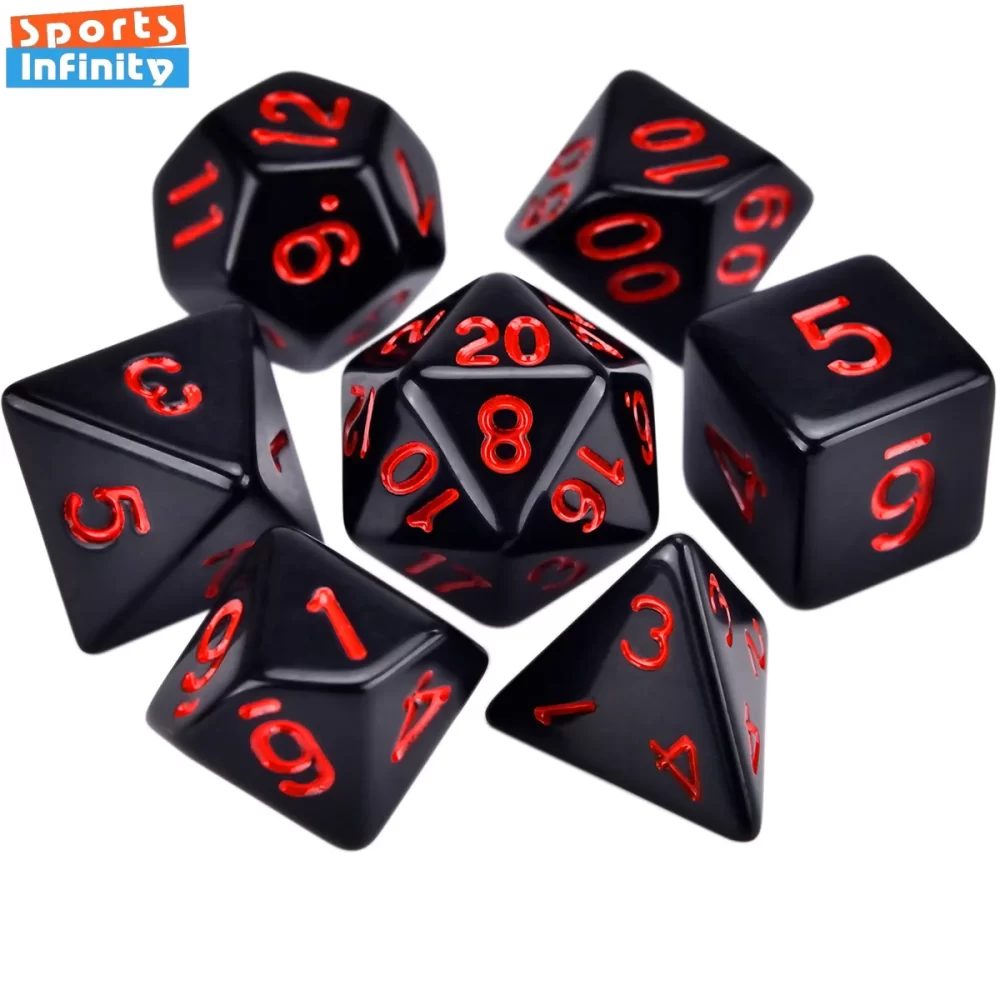 Double Colors Polyhedral Numbers Dice Kit, Preto e Vermelho Dices Set, D4, D6, D8, D10, D %, D12, D20 para DND e RPG Jogos de Tabuleiro, 7 pcs por lote - Imagem 2