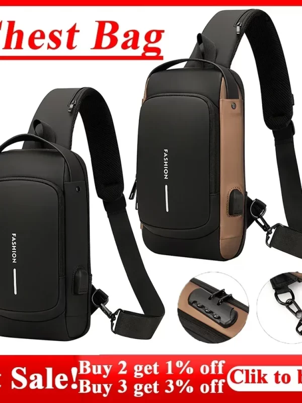 Bolsa de Ombro Anti-Roubo Multifuncional para Homens, USB, Designer, Crossbody, Viagem, Sling, Messenger Pack, Peito, Masculino, Marca de Luxo - Image 2
