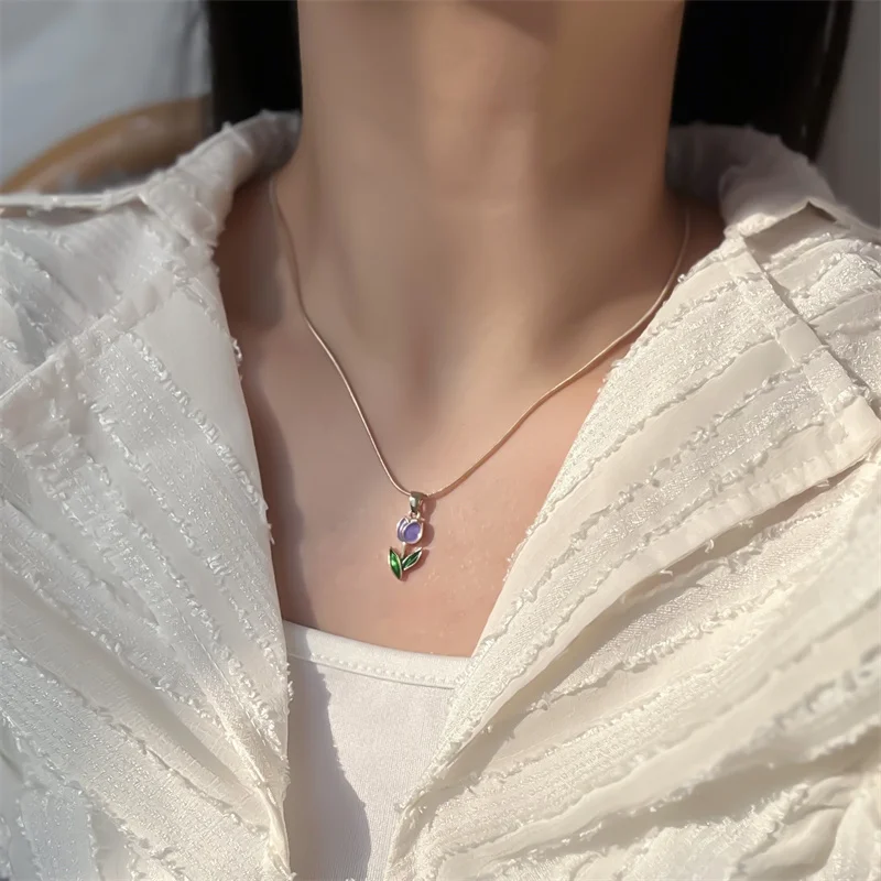 Vintage elegante tulipa colar pingente para mulheres, cristal brilhante, flor de zircão, corrente de clavícula, gargantilha para festa de casamento - Image 4