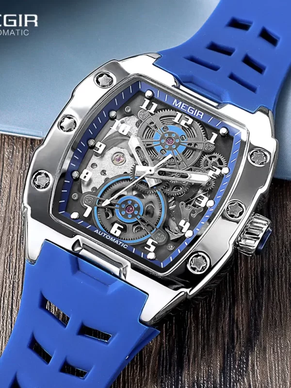 MEGIR Blue Mechanical Watch for Men Tonneau Hollow Dial Sport Waterproof Automatic Wristwatch with Luminous Hands Silicone Strap - Image 2