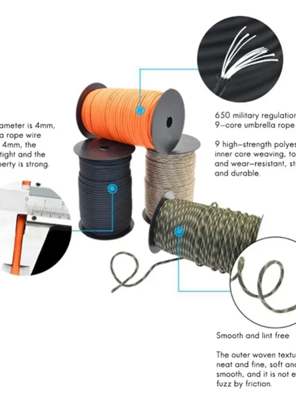 Militar Tactical Parachute Cord, Camping Acessórios, DIY Weaving, Equipamento de sobrevivência ao ar livre, Corda Tent, 650 Paracord, 9 Strand, 4mm - Image 4