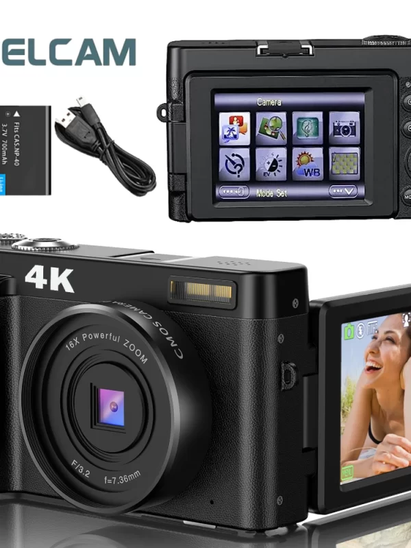 Câmera Digital para Fotografia e Vídeo, Câmera Vlogging Compacta Anti-Shake Autofoco, Tela Flip com Flash, 4K, 48MP, 3 ", 180 °