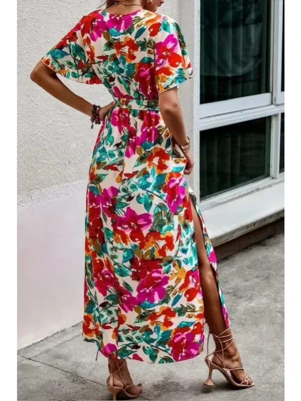 Women's 1XL-5XL plus size Short Sleeved Printed Casual Dress Elegant and Fashion V-neck Belt Slit Beach Vacation Style Dress - Image 6