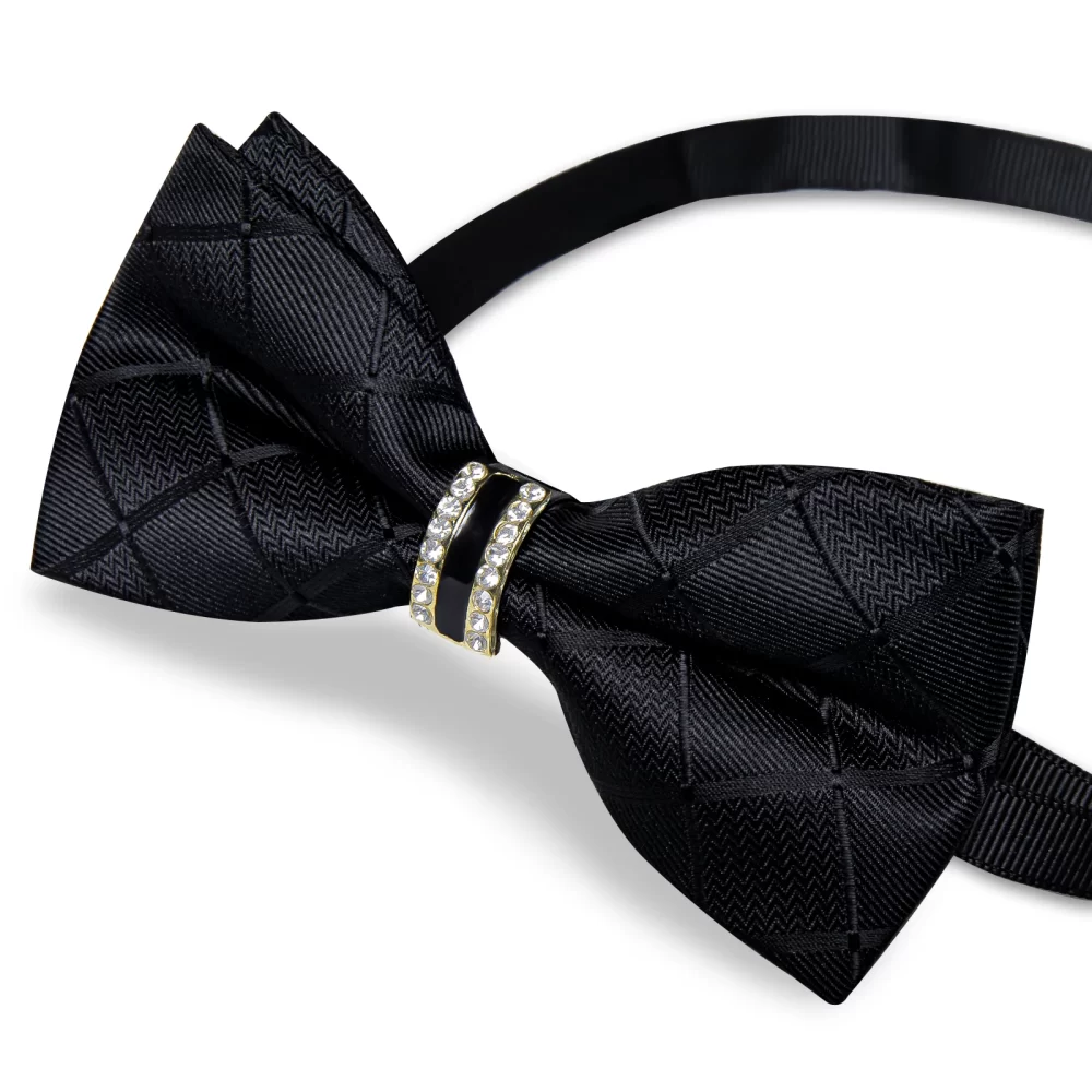 Gravata borboleta preta sólida masculina pré-amarrada com diamante, decoração meio anel, moda conjunto de abotoaduras quadradas de bolso, festa de negócios, laço luxuoso - Image 4
