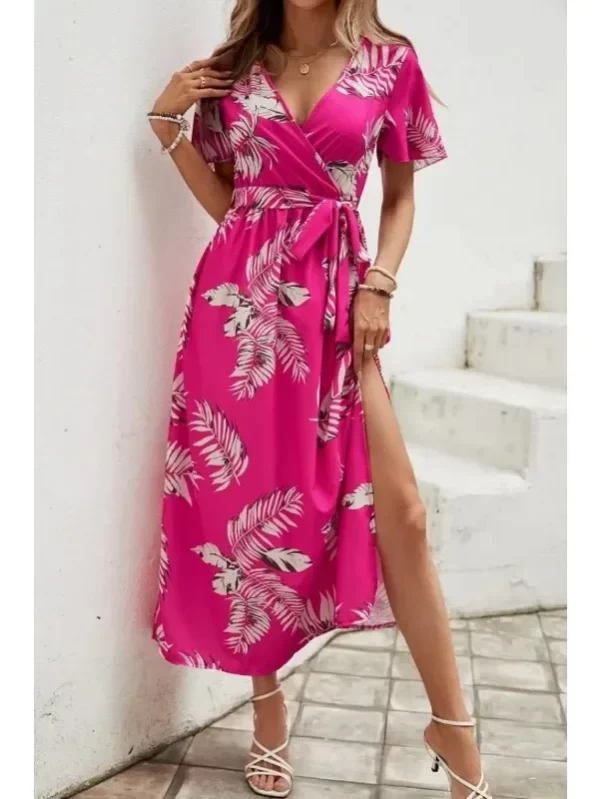 Women's 1XL-5XL plus size Short Sleeved Printed Casual Dress Elegant and Fashion V-neck Belt Slit Beach Vacation Style Dress