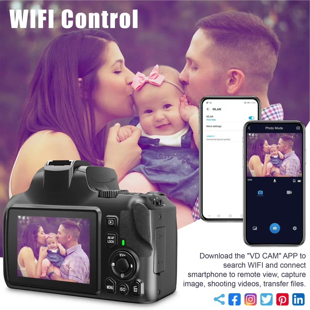 Câmera Digital Óptica Profissional, Zoom 10X, Câmera 4K para Fotografia e Vídeo, 64MP, WiFi, Câmera Vlogging para YouTube - Imagem 2