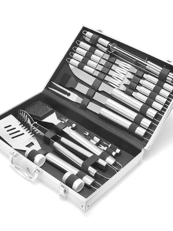 Aço inoxidável Churrasco Tool Set, Outdoor BBQ Alumínio Box, Pá portátil, Garfo, Clip, Household Set, 26 pcs