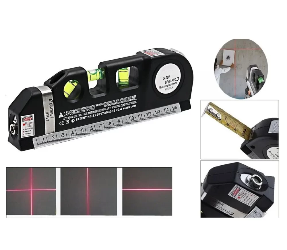 Laser Nível Multipurpose Linha Laser Leveler Ferramenta Cruz Linha Lasers Com 8FT 2.5M Fita de Medida Padrão e Réguas Métricas