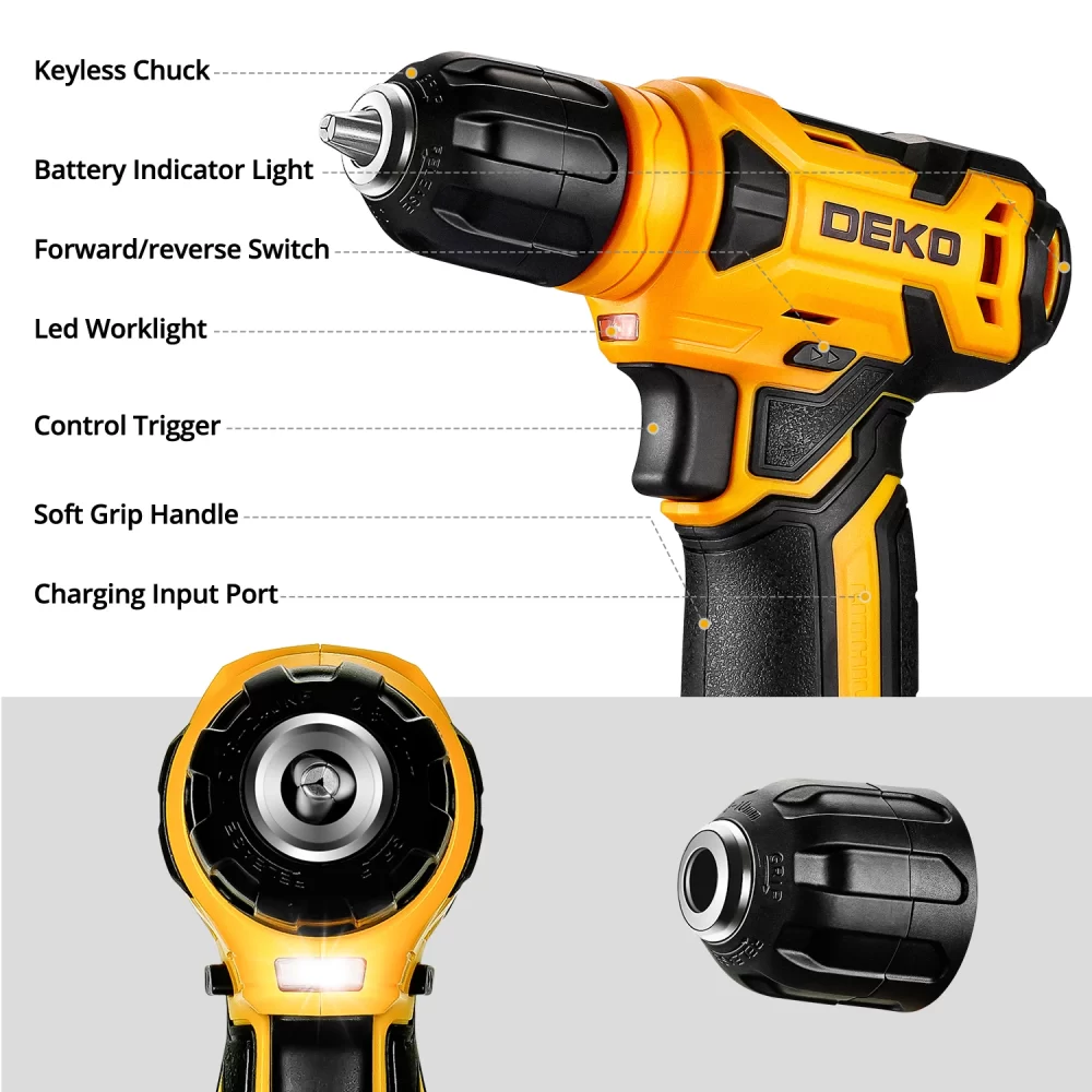 DEKO DKMT126 Power Tool Combo Kits with 8V Cordless Drill,Home Household DIY Hand Tool Kits，10MM 3/8'' Keyless Chuck - Imagem 4