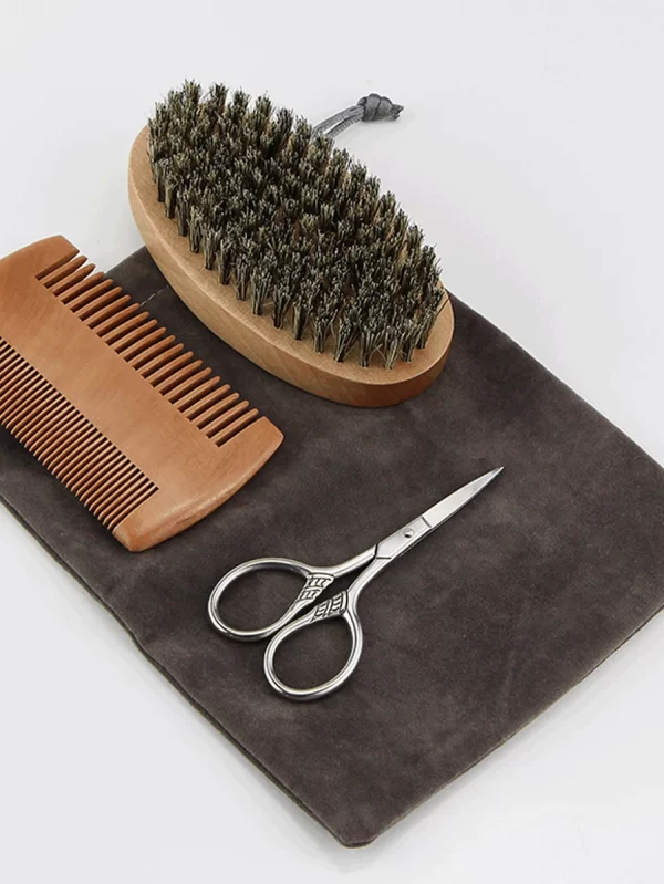 Profissional Javali Cerdas Madeira Barba Escova Set, Cabeleireiro Barbear Escova, Homens Bigode Comb Kit com Saco De Presente, 3Pcs