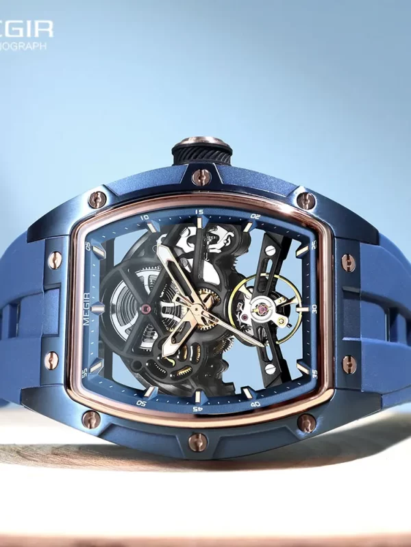 MEGIR 2242 Blue Automatic Watch for Men Sport Waterproof Stainless Steel Mechanical Wristwatch with Silicone Strap Skeleton Dial