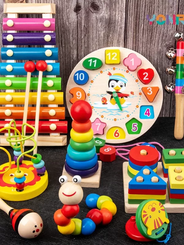 9 in 1 Wooden Montessori Toys Rattle Bell Drum Column Set Musical Instruments Sensory Early Baby Toy Toddler Education