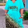 Plus Size Casual Dress Women's Plus Glitter Leopard & Slogan Print Short Sleeve V Neck Medium Stretch Dress With Pockets