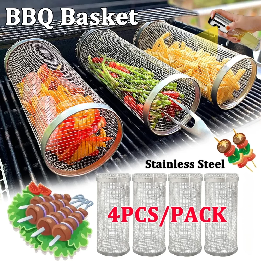 Sempre rolando para churrasco, Maior cesta grelhando, Malha redonda de aço inoxidável Grill, Camping Churrasqueira para Legumes, Peixe