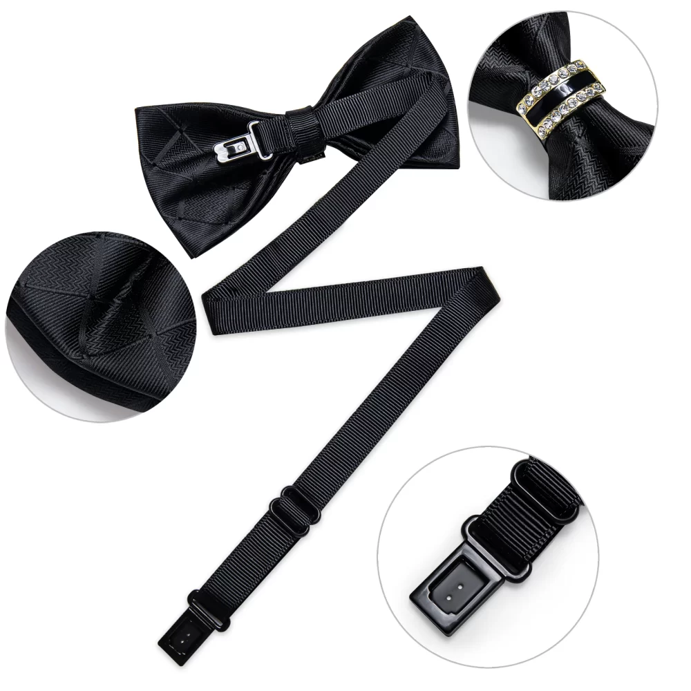 Gravata borboleta preta sólida masculina pré-amarrada com diamante, decoração meio anel, moda conjunto de abotoaduras quadradas de bolso, festa de negócios, laço luxuoso - Image 5