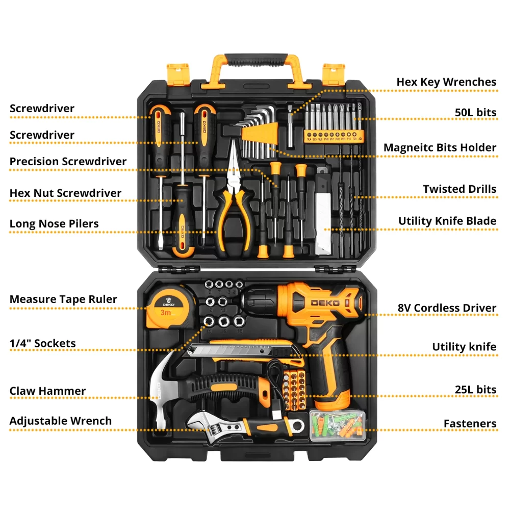 DEKO DKMT126 Power Tool Combo Kits with 8V Cordless Drill,Home Household DIY Hand Tool Kits，10MM 3/8'' Keyless Chuck - Imagem 2