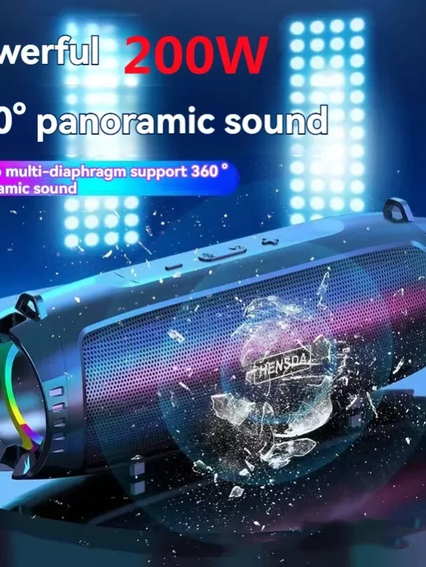 Alta potência sem fio Bluetooth Soundbox, Subwoofer portátil ao ar livre, coluna PC impermeável, leitor de música com cartão FM TF, 200W
