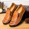 Sapatos de couro casuais costurados à mão, dedo do pé redondo, sola macia, confortável, na moda, elegante, versátil, caminhar, negócio, novo