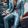 Men Suit Slim Fit Blazer & Pants 2Pcs Set Contrast Trim Notch Lapel PU Leather Jacket Male Business Casual Prom Suit Moto style