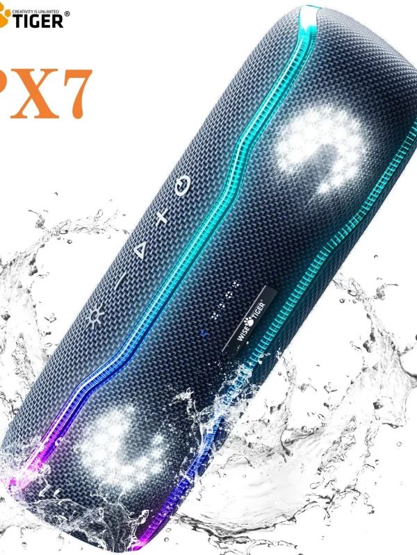 WISETIGER-Alto-falante Bluetooth com luzes EQ pulsantes legais, alto-falante ao ar livre impermeável, BT 5.3, surround estéreo, IPX7, 25W